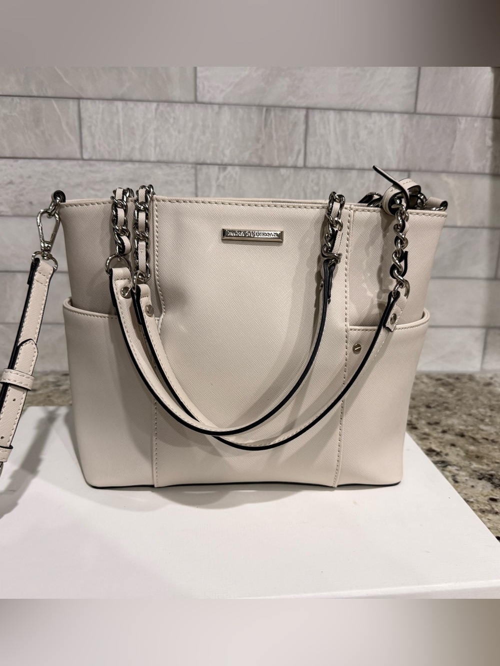 Dana Buchman White Faux Leather Shoulder Bag for Women, Detachable Strap